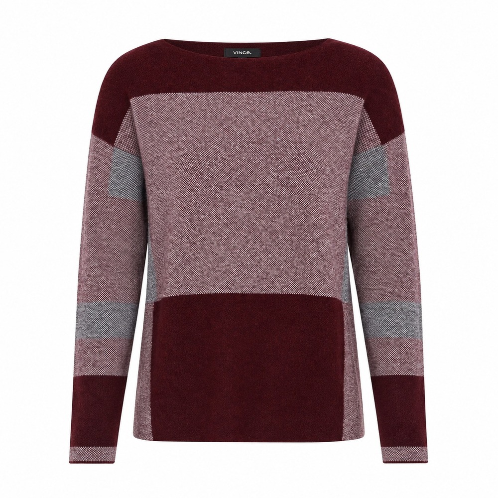 Vince Wool & Cashmere Colorblock Boatneck Sweater - Burgundy/Grey - Size S